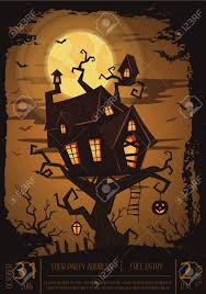 Happy halloween in dark forest and fog. Halloween Party Banner With Spooky Castle On Tree In Mystic Forest At Night Under Full Moon Cartoon Vector Illustration Halloween Background Night Scene With Haunted House Pumpkin And Flying Bats Royalty Free