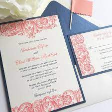 Vintage Romantic Wedding Invitation Thermography Coral Wedding Invitations Peach Wedding Invitations Navy Wedding Invitations