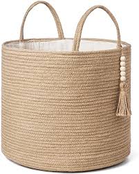 Amazon Com Mkono Decorative Woven Storage Basket Natural Jute Rope Basket Wooden Bead Decoration For Blanket Woven Baskets Storage Storage Baskets Rope Basket