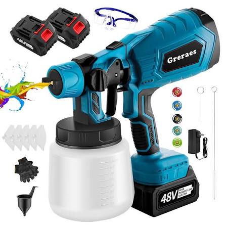 Amazon.com: Greraes Pulverizador de pintura inalámbrico con 2 baterías de 48 V, pistola pulverizadora de pintura eléctrica Hvlp con recipiente de 33.8 fl oz, 3 patrones, pulverizador de pintura de mano para