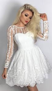 A Line Crew Long Sleeves Short White Lace Homecoming Dress With Pleats Long Sleeve Dress Formal White Dresses Graduation Homecoming Dresses