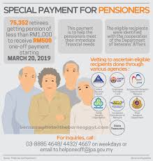 For tax reasons, january pension payments cannot be made in december. 75 352 Pensioners To Receive Rm500 Special Payment Today