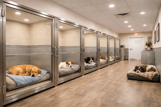 Dog resting at boarding facility