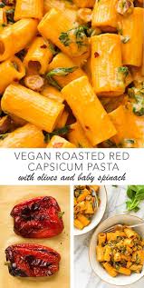Vegan Roasted Red Capsicum Pasta With Olives And Baby Spinach Amy Le Creations Recipe Pasta With Olives Capsicum Recipes Vegan Roast