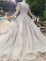 Hw23 Grey Long Sleeve Crystal Beaded Wedding Gown With Matching Veil Asian Wedding Dress Beaded Wedding Gowns Ball Gowns Wedding