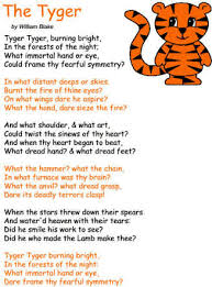 Burning bright in the forests of the night, what immortal hand or eye could frame thy fearful symmetry? The Tyger By William Blake