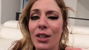Skinny blonde Sheena Shaw gets her face splattered with cum shots