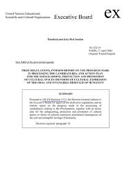 Prize Regulations Interim Report On The Progress Made In Processing The Candidatures And Action Plan For The Safeguarding Protection And Promotion Of Cultural Spaces Or Forms Of Cultural Express Unesco Digital