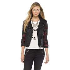 Junior S Faux Leather Jacket Black Plaid Sleeves Plaid Sleeve Black Faux Leather Jacket Juniors Leather Jacket