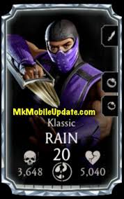 Queridos peleadores, por fin, personajes favoritos de los fans como mileena y rain se unirán a la pelea junto al clásico héroe de acción: . Mk Mobile Klassic Rain Mortal Kombat Mobile Klassic Rain