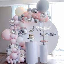 Dreamy Pink Silver Chrome And Confetti Balloon Garland For Etsy In 2022 Creative Baby Shower Themes Girl Baby Shower Decorations Girl Shower Themes