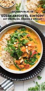 Susskartoffel Erdnuss Eintopf Mit Kokos Und Spinat Rezept Elle Republic Rezept Eintopf Susskartoffel Eintopfe Vegetarisch