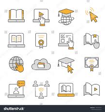 E Learning Distance Education Flat Line Icons Set Of Graduation Cap Training Laptop Learn Online Webinar And Elearning Distance Education Online Learning