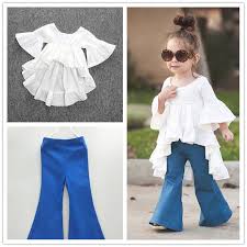 2pcs Toddler Baby Girls Cotton Tops Denim Flared Pants Set Kids Clothes Outfits Kids Dress Wear Dresses Kids Girl Girl Outfits