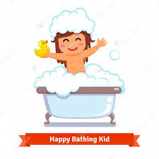 Women`s feet she is taking a bath in the bath with relaxation. Free Vector Baby Girl Taking Bath With Duck Toy And Bubbles