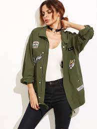 Shop Olive Green Drop Shoulder Utility Jacket With Patch Detail Online Shein Offers Olive Green Drop Shou Army Jacket Women Olive Jacket Military Jacket Green