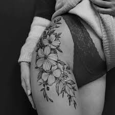 Black And White Cherry Blossom Thigh Tattoo Tattoo Flower Leg Tattoos Sakura Tattoo Vine Tattoos