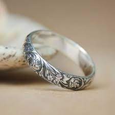 Narrow Wildflowers Wedding Band In Sterling Silver Florentine Styled Floral Pattern B Silver Wedding Bands Sterling Silver Wedding Band Nature Inspired Rings