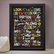 Coldplay Cartel Amarillo Cancion Letras Imprimir Por Lawandmoore Coldplay Yellow Coldplay Song Lyric Print