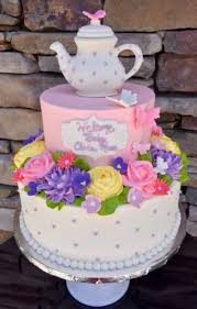 Tea Party And Flower Themed Baby Shower Cake With An Edible Sculpted Teapot On Tops And Dainty Buttercream Detail Cake Tea Party Baby Shower Baby Shower Cakes