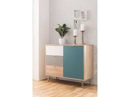 Rangement haut broceliande pas cher coloris chêne clair et gris effet béton minéral prix promo buffet conforama 699.99 € ttc au lieu de 1 160.32 €. Petit Meuble De Rangement Cuba Meuble De Rangement Scandinave Chene Gris Et Bleu Petrole L 103 Cm Vente De Sans Marque Conforama