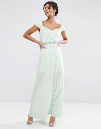 Image 1 Of Asos Embellished Waist Bardot Soft Maxi Dress Dress Dresses Asos Dress Mint Bridesmaid Dresses