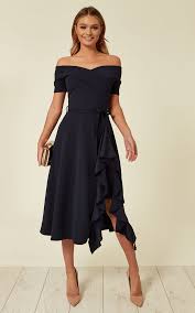 Exclusive Bardot Off Shoulder Frill Midi Dress Navy By Feverfish Midi Ruffle Dress Evening Wear Dresses Maxi Dress Wedding