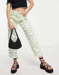 Bershka Straight Leg Zebra Print Pants In Green Asos