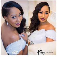 Let's start off with a very romantic bridesmaid hairstyle for short to medium hair. Dark Lips And Shimmery Eyes Glam Bridal Reception Makeup Beautiful African American Black Bridesmaids Hairstyles African Hairstyles Black Wedding Hairstyles