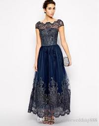 2018 Cap Sleeve Mother Of The Bride Dresses Navy Blue Sheer Neck Ankle Length Formal Dress Lace Applique Lace Formal Dress Winter Bridesmaid Dresses Lace Dress