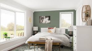 The purchase of this product helps ensure fair and safe labor. Beautiful Glam Transitional Bedroom Design With Sage Green Accent Wall Design By Spacejoy