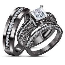10k Black Gold Finish 925 Silver Diamond Engagement Ring Wedding Band Trio Set Black Gold Ring Black Wedding Rings Black Wedding Ring Sets