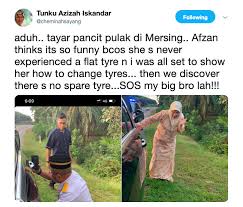 Memang dah tak nampak macam kancil. Gambar Tunku Azizah Panik Tengku Afzan Pula Teruja Tayar Kereta Pancit