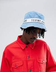 Tommy Jeans Taped Logo Denim Bucket Hat Frayed Edge In Mid Wash Denim Bucket Hat Tommy Jeans Bucket Hat