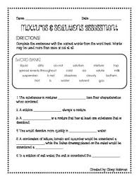 Mixtures Solutions Assessment Assessment Solutions Science Worksheets
