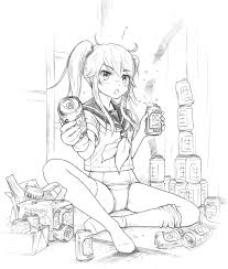himeazusa, commentary request, highres, 1girl, beer can, can, can stack,  competition swimsuit, drink can, greyscale, holding, holding can, hole in  wall, imori 201, indoors, looking at viewer, maki imori, monochrome, on  floor,