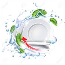 Stack Of Clean Plates In Water Splash With Green Leaves For Dishwashing Detergent Ad Vector Restaurant Dishes Mock In 2020 Clean Plates Dishwasher Detergent Tableware