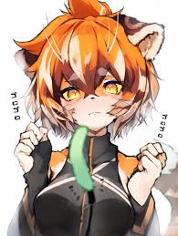 229046 - safe, artist:tab head, waaifu (arknights), big cat, feline,  mammal, tiger, anthro, arknights, amber eyes, blushing, catnip, clothes,  female, fur, hair, looking at you, saliva, solo, solo female, tail, two  toned