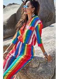 Femme tailleur 2 pièces 3/4 manche slim fit ol bureau affaires veste et pantalon de costume. Combinaison De Plage Pantalon Femme Ete Arc En Ciel Col Claudine Manche 3 4