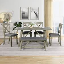 The standford industrial reclaimed wood extending dining set is perfect for homes that enjoy extending out for when entertaining friends and family. 6pcs Country Style Dining Table Sets Rustic Wood Dining Table 4 Upholstered Chairs Bench For Dining Room Kitchen Restaurant Gray Wawo Complete