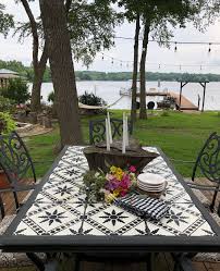 How To Update An Old Tile Table Stenciled Table Ideas Diy Table Stencil How To Stencil Tiles Hipandhumblestyle Diy Patio Table Outdoor Tiles Tile Tables