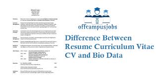 Difference between cv resume and bio datapeople use the words resume cv and bio data interchangeably for thedocument highlighting skills education and experience that a candidate submitswhen applying for a job. What Is Difference Between Resume Curriculum Vitae Cv Bio Data Offcampusjobs In