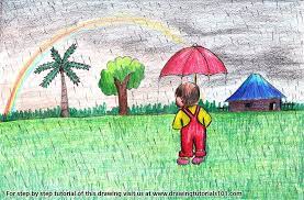 Cartoon little kid holding umbrella walking under rain with mother. Rainy Day Scene Rainy Day Drawing Drawing Tutorials For Kids Rainy Season Pictures