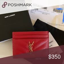 Ysl Yves Saint Laurent Card Holder Red Leather Card Holder With Gold Metal Ysl Logo On It Yves Saint Laur Saint Laurent Card Holder Saint Laurent Card Holder