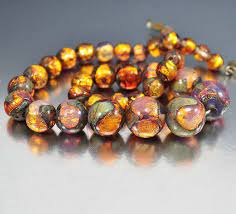 Reserved Gold Czech Fire Opal Foil Glass Bead Necklace Vintage Art Deco Jewelry Antique Jewelry Fire Opals Jewelry Art Nouveau Jewelry Art Deco Necklace