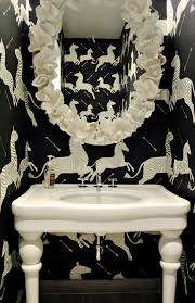 Black White Powder Room By Fiona Newell Weeks Of Dwelling Design Bathroom Wallpaper Trends Powder Room Wallpaper Zebra Wallpaper