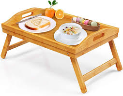 Amazon Com Bamboo Bed Tray Table For Eating Tv Breakfast Tray For Bed Foldable Wood Food Dinner Serving Tray With Folding Legs For Bedroom Hospital Home By Furninxs