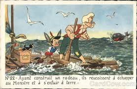 Pinocchio goes inside the whale and tries to fix it. Pinocchio And Gepetto On Raft With Whale Nearby Disney