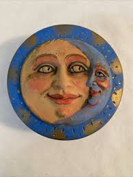 Vintage BARBARA SEXTON SUN & MOON ROUND CLAY TRINKET BOX Blue Gold VGC  SIGNED!