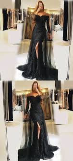 Elegant Black Detachable Train Long Prom Dresses With Sleeves Unique Off The Shoulder Mermaid Vestidos Largos Para Boda Vestidos De Fiesta Vestidos De Egreso